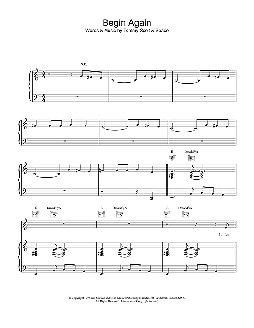 Preview Space Begin Again Rock sheet music, notes and chords for Piano, Vocal & Guitar, SKU: 19033 sheet music, piano notes, chords, guitar tabs, score, transpose, transcribe, how to play, guide, download, learn, tutorial, progression, song, artist, awards, billboard, mtv, vh1, tour, single, album, release