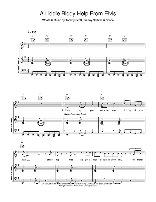 Preview Space A Liddle Biddy Help From Elvis Rock sheet music, notes and chords for Piano, Vocal & Guitar, SKU: 19036 sheet music, piano notes, chords, guitar tabs, score, transpose, transcribe, how to play, guide, download, learn, tutorial, progression, song, artist, awards, billboard, mtv, vh1, tour, single, album, release