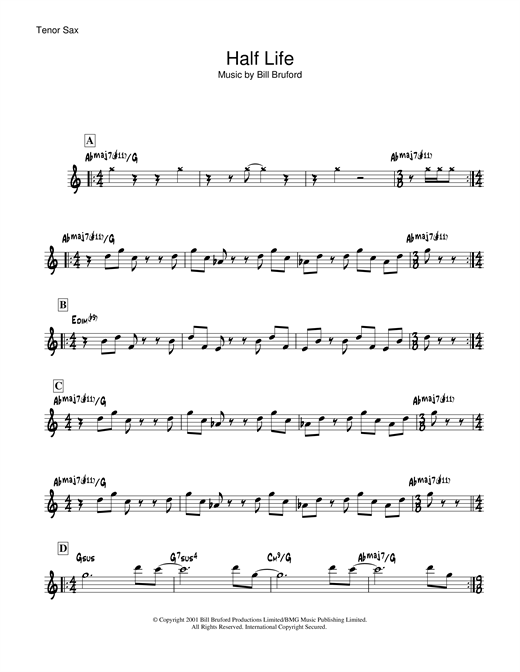 Preview Bill Bruford Half Life Rock sheet music, notes and chords for Tenor Saxophone, SKU: 19056 sheet music, piano notes, chords, guitar tabs, score, transpose, transcribe, how to play, guide, download, learn, tutorial, progression, song, artist, awards, billboard, mtv, vh1, tour, single, album, release