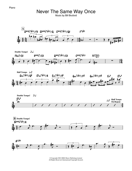 Preview Bill Bruford Never The Same Way Once Rock sheet music, notes and chords for Piano, SKU: 19069 sheet music, piano notes, chords, guitar tabs, score, transpose, transcribe, how to play, guide, download, learn, tutorial, progression, song, artist, awards, billboard, mtv, vh1, tour, single, album, release