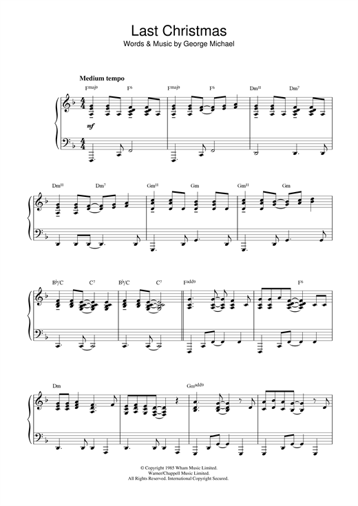 Preview Wham! Last Christmas Pop sheet music, notes and chords for Piano, Vocal & Guitar (Right-Hand Melody), SKU: 19114 sheet music, piano notes, chords, guitar tabs, score, transpose, transcribe, how to play, guide, download, learn, tutorial, progression, song, artist, awards, billboard, mtv, vh1, tour, single, album, release