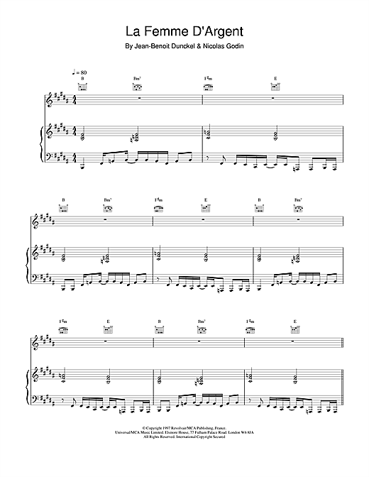 Preview Air La Femme D'argent Pop sheet music, notes and chords for Piano, Vocal & Guitar, SKU: 19131 sheet music, piano notes, chords, guitar tabs, score, transpose, transcribe, how to play, guide, download, learn, tutorial, progression, song, artist, awards, billboard, mtv, vh1, tour, single, album, release