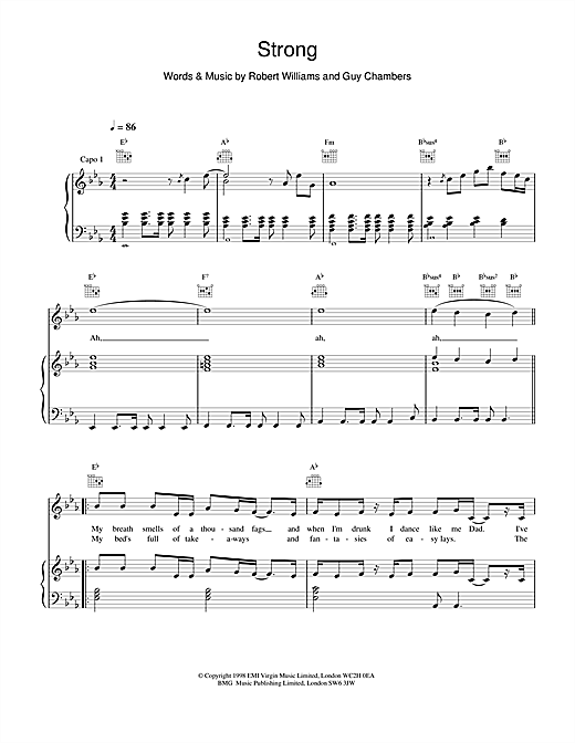 Preview Robbie Williams Strong Pop sheet music, notes and chords for Piano, Vocal & Guitar (Right-Hand Melody), SKU: 19137 sheet music, piano notes, chords, guitar tabs, score, transpose, transcribe, how to play, guide, download, learn, tutorial, progression, song, artist, awards, billboard, mtv, vh1, tour, single, album, release