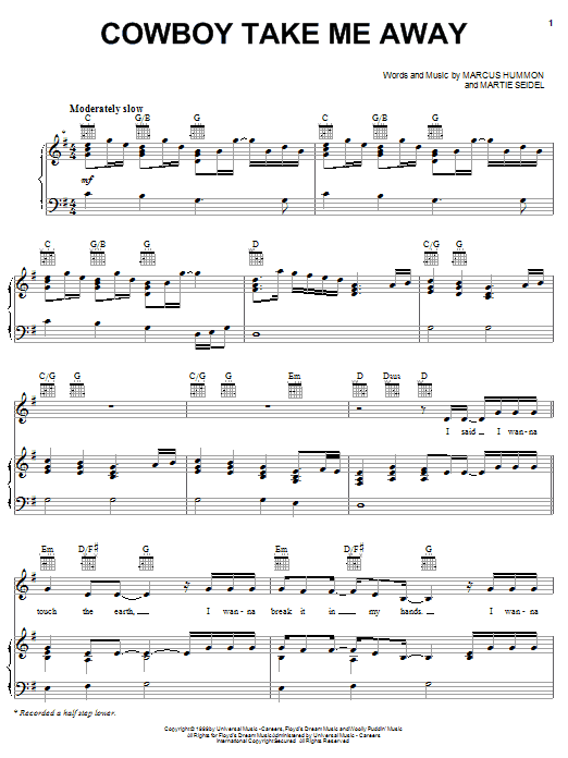 Preview Dixie Chicks Cowboy Take Me Away Country sheet music, notes and chords for Piano, Vocal & Guitar (Right-Hand Melody), SKU: 19146 sheet music, piano notes, chords, guitar tabs, score, transpose, transcribe, how to play, guide, download, learn, tutorial, progression, song, artist, awards, billboard, mtv, vh1, tour, single, album, release