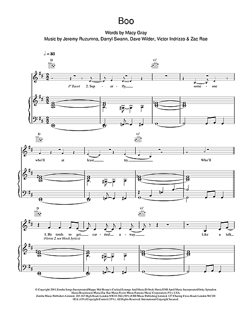 Preview Macy Gray Boo R & B sheet music, notes and chords for Piano, Vocal & Guitar, SKU: 19156 sheet music, piano notes, chords, guitar tabs, score, transpose, transcribe, how to play, guide, download, learn, tutorial, progression, song, artist, awards, billboard, mtv, vh1, tour, single, album, release