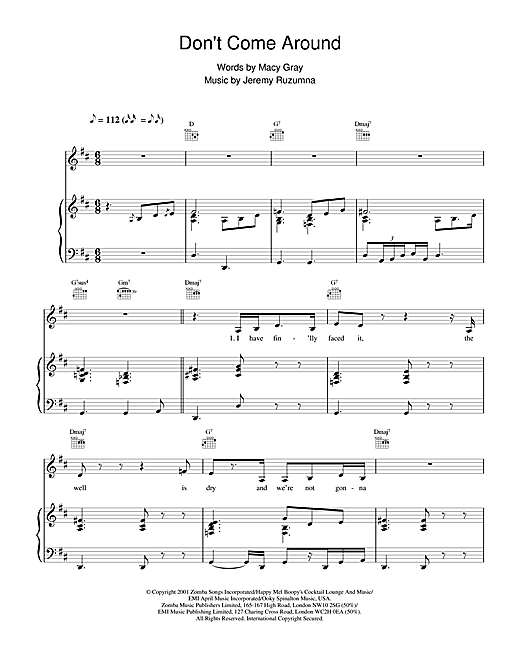 Preview Macy Gray Don't Come Around R & B sheet music, notes and chords for Piano, Vocal & Guitar, SKU: 19157 sheet music, piano notes, chords, guitar tabs, score, transpose, transcribe, how to play, guide, download, learn, tutorial, progression, song, artist, awards, billboard, mtv, vh1, tour, single, album, release