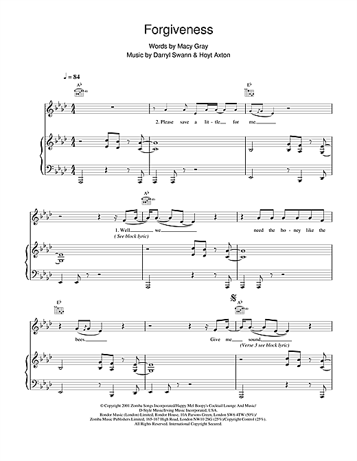 Preview Macy Gray Forgiveness R & B sheet music, notes and chords for Piano, Vocal & Guitar, SKU: 19158 sheet music, piano notes, chords, guitar tabs, score, transpose, transcribe, how to play, guide, download, learn, tutorial, progression, song, artist, awards, billboard, mtv, vh1, tour, single, album, release