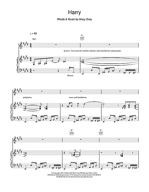 Preview Macy Gray Harry R & B sheet music, notes and chords for Piano, Vocal & Guitar, SKU: 19160 sheet music, piano notes, chords, guitar tabs, score, transpose, transcribe, how to play, guide, download, learn, tutorial, progression, song, artist, awards, billboard, mtv, vh1, tour, single, album, release