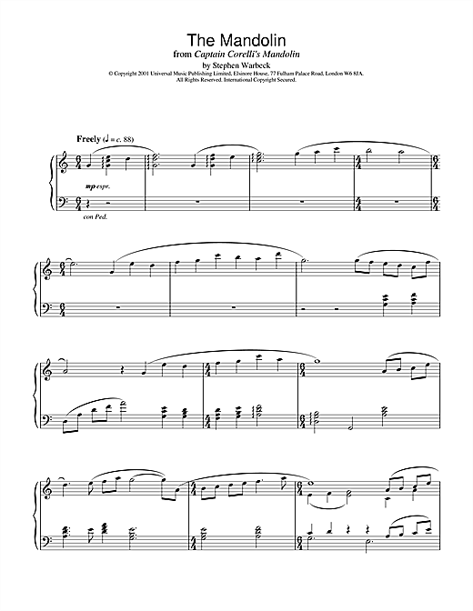 Preview Stephen Warbeck The Mandolin Film and TV sheet music, notes and chords for Piano, SKU: 19174 sheet music, piano notes, chords, guitar tabs, score, transpose, transcribe, how to play, guide, download, learn, tutorial, progression, song, artist, awards, billboard, mtv, vh1, tour, single, album, release