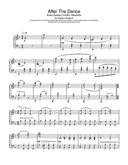 Preview Stephen Warbeck After The Dance (from Captain Corelli's Mandolin) Film and TV sheet music, notes and chords for Piano, SKU: 19175 sheet music, piano notes, chords, guitar tabs, score, transpose, transcribe, how to play, guide, download, learn, tutorial, progression, song, artist, awards, billboard, mtv, vh1, tour, single, album, release