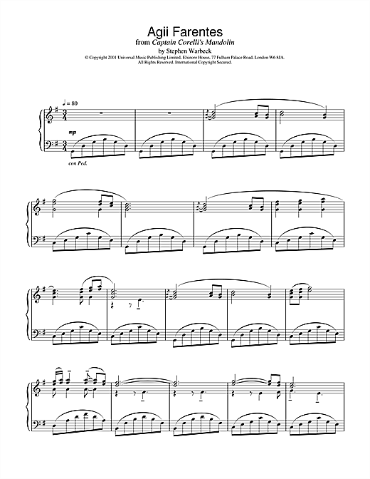 Preview Stephen Warbeck Agii Fanentes (from Captain Corelli's Mandolin) Film and TV sheet music, notes and chords for Piano, SKU: 19176 sheet music, piano notes, chords, guitar tabs, score, transpose, transcribe, how to play, guide, download, learn, tutorial, progression, song, artist, awards, billboard, mtv, vh1, tour, single, album, release