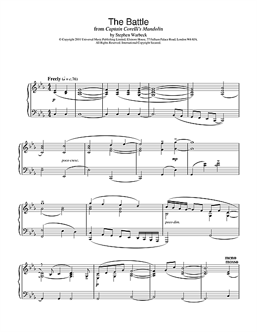 Preview Stephen Warbeck The Battle (from Captain Corelli's Mandolin) Film and TV sheet music, notes and chords for Piano, SKU: 19179 sheet music, piano notes, chords, guitar tabs, score, transpose, transcribe, how to play, guide, download, learn, tutorial, progression, song, artist, awards, billboard, mtv, vh1, tour, single, album, release