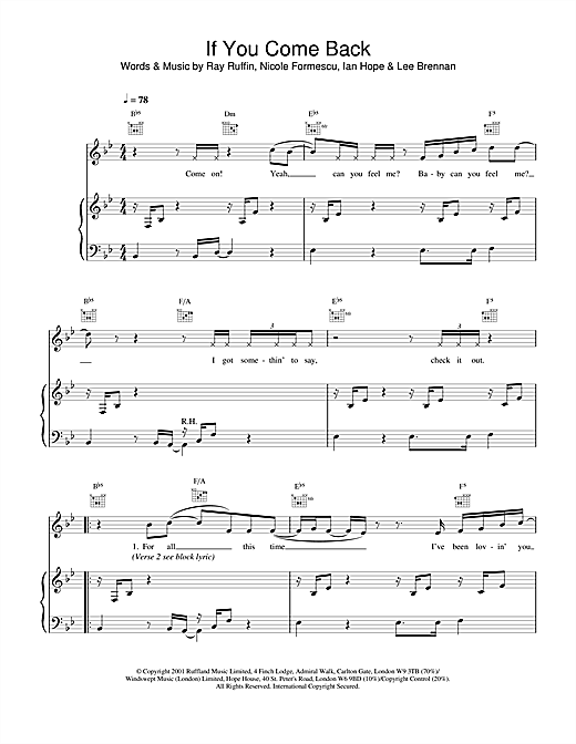 Preview Blue If You Come Back Pop sheet music, notes and chords for Piano, Vocal & Guitar, SKU: 19184 sheet music, piano notes, chords, guitar tabs, score, transpose, transcribe, how to play, guide, download, learn, tutorial, progression, song, artist, awards, billboard, mtv, vh1, tour, single, album, release