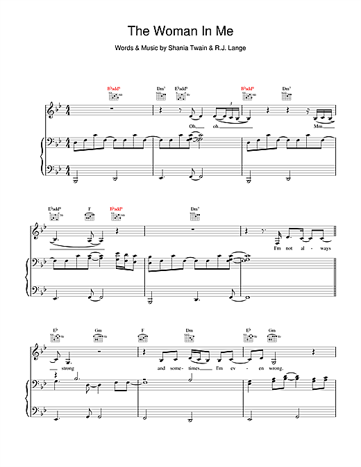 Preview Shania Twain The Woman In Me (Needs The Man In You) Pop sheet music, notes and chords for Piano, Vocal & Guitar (Right-Hand Melody), SKU: 19192 sheet music, piano notes, chords, guitar tabs, score, transpose, transcribe, how to play, guide, download, learn, tutorial, progression, song, artist, awards, billboard, mtv, vh1, tour, single, album, release