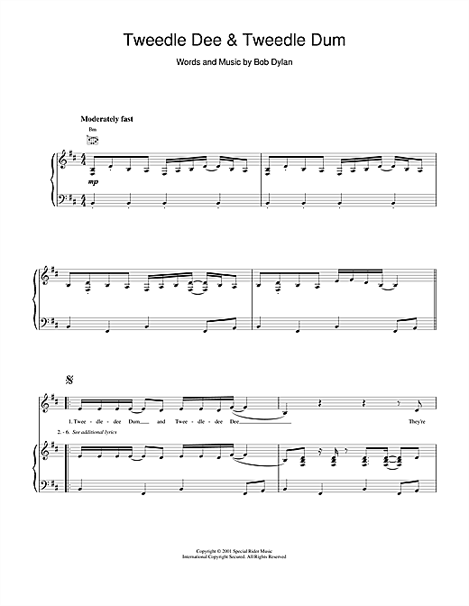 Preview Bob Dylan Tweedle Dee & Tweedle Dum Rock sheet music, notes and chords for Piano, Vocal & Guitar (Right-Hand Melody), SKU: 19199 sheet music, piano notes, chords, guitar tabs, score, transpose, transcribe, how to play, guide, download, learn, tutorial, progression, song, artist, awards, billboard, mtv, vh1, tour, single, album, release