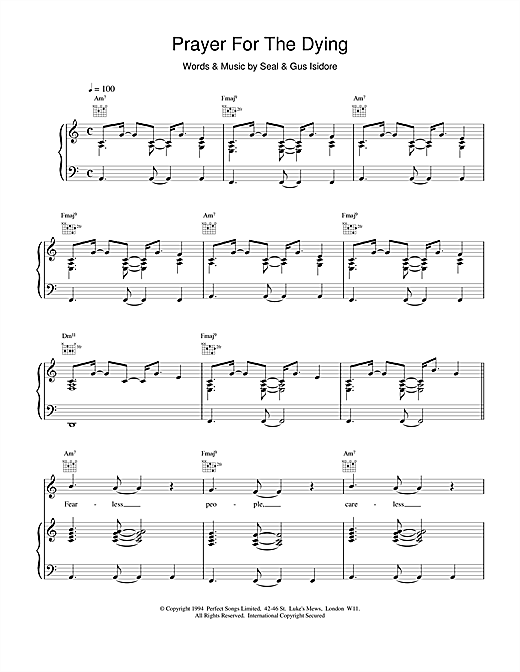 Preview Seal Prayer For The Dying Pop sheet music, notes and chords for Piano, Vocal & Guitar (Right-Hand Melody), SKU: 19213 sheet music, piano notes, chords, guitar tabs, score, transpose, transcribe, how to play, guide, download, learn, tutorial, progression, song, artist, awards, billboard, mtv, vh1, tour, single, album, release