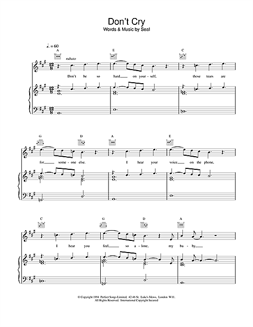 Preview Seal Don't Cry Pop sheet music, notes and chords for Piano, Vocal & Guitar (Right-Hand Melody), SKU: 19220 sheet music, piano notes, chords, guitar tabs, score, transpose, transcribe, how to play, guide, download, learn, tutorial, progression, song, artist, awards, billboard, mtv, vh1, tour, single, album, release