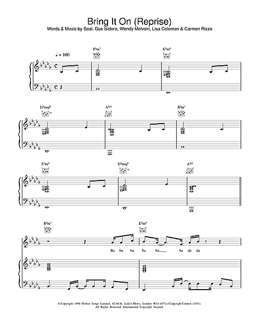 Preview Seal Bring It On (Reprise) Pop sheet music, notes and chords for Piano, Vocal & Guitar, SKU: 19222 sheet music, piano notes, chords, guitar tabs, score, transpose, transcribe, how to play, guide, download, learn, tutorial, progression, song, artist, awards, billboard, mtv, vh1, tour, single, album, release