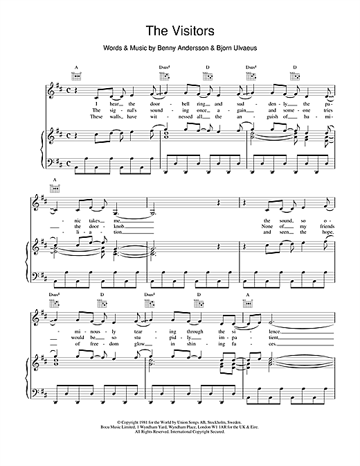 Preview ABBA The Visitors Pop sheet music, notes and chords for Piano, Vocal & Guitar (Right-Hand Melody), SKU: 19224 sheet music, piano notes, chords, guitar tabs, score, transpose, transcribe, how to play, guide, download, learn, tutorial, progression, song, artist, awards, billboard, mtv, vh1, tour, single, album, release