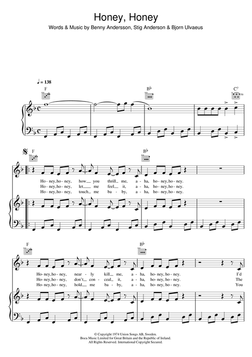 Preview ABBA Honey, Honey Pop sheet music, notes and chords for Piano, Vocal & Guitar (Right-Hand Melody), SKU: 19228 sheet music, piano notes, chords, guitar tabs, score, transpose, transcribe, how to play, guide, download, learn, tutorial, progression, song, artist, awards, billboard, mtv, vh1, tour, single, album, release