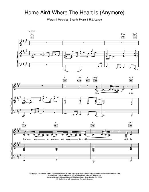 Preview Shania Twain Home Ain't Where The Heart Is (Anymore) Pop sheet music, notes and chords for Piano, Vocal & Guitar, SKU: 19231 sheet music, piano notes, chords, guitar tabs, score, transpose, transcribe, how to play, guide, download, learn, tutorial, progression, song, artist, awards, billboard, mtv, vh1, tour, single, album, release