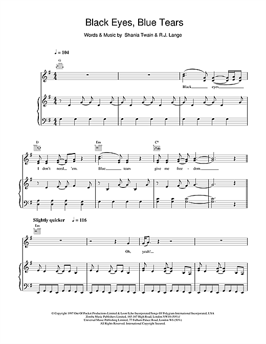Preview Shania Twain Black Eyes, Blue Tears Pop sheet music, notes and chords for Piano, Vocal & Guitar, SKU: 19234 sheet music, piano notes, chords, guitar tabs, score, transpose, transcribe, how to play, guide, download, learn, tutorial, progression, song, artist, awards, billboard, mtv, vh1, tour, single, album, release