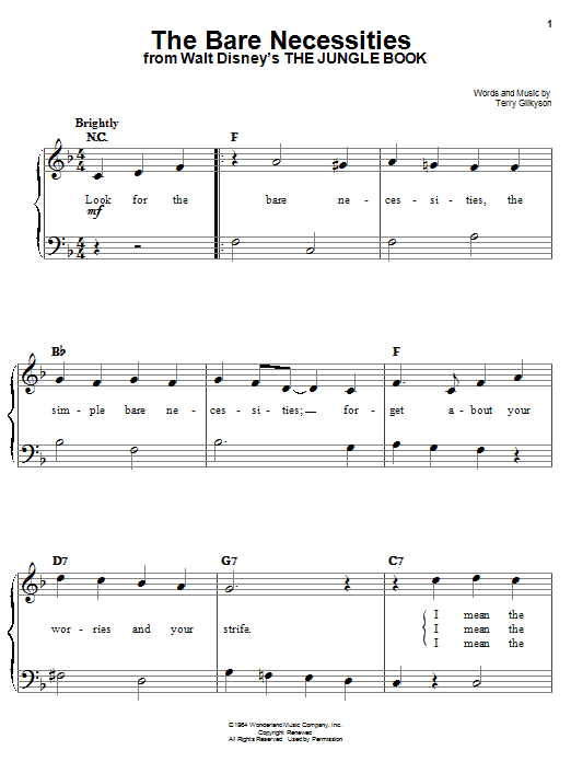 Preview Terry Gilkyson The Bare Necessities (from Disney's The Jungle Book) Film and TV sheet music, notes and chords for Easy Piano, SKU: 19254 sheet music, piano notes, chords, guitar tabs, score, transpose, transcribe, how to play, guide, download, learn, tutorial, progression, song, artist, awards, billboard, mtv, vh1, tour, single, album, release