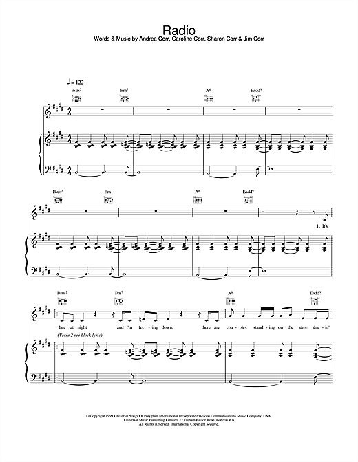 Preview The Corrs Radio Folk sheet music, notes and chords for Piano, Vocal & Guitar, SKU: 19259 sheet music, piano notes, chords, guitar tabs, score, transpose, transcribe, how to play, guide, download, learn, tutorial, progression, song, artist, awards, billboard, mtv, vh1, tour, single, album, release