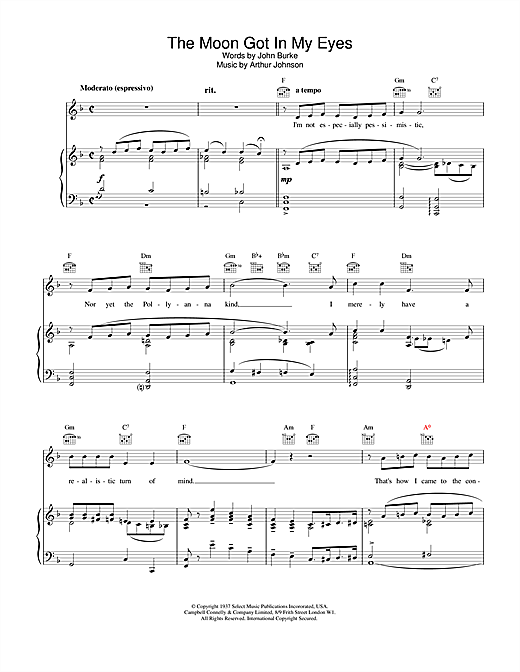 Preview Bing Crosby The Moon Got In My Eyes Easy Listening sheet music, notes and chords for Piano, Vocal & Guitar (Right-Hand Melody), SKU: 19261 sheet music, piano notes, chords, guitar tabs, score, transpose, transcribe, how to play, guide, download, learn, tutorial, progression, song, artist, awards, billboard, mtv, vh1, tour, single, album, release