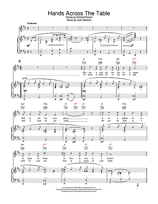 Preview Mitchell Parish Hands Across The Table Classics sheet music, notes and chords for Piano, Vocal & Guitar (Right-Hand Melody), SKU: 19268 sheet music, piano notes, chords, guitar tabs, score, transpose, transcribe, how to play, guide, download, learn, tutorial, progression, song, artist, awards, billboard, mtv, vh1, tour, single, album, release
