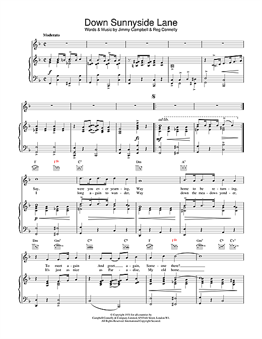 Preview Jimmy Campbell Down Sunnyside Lane Classics sheet music, notes and chords for Piano, Vocal & Guitar (Right-Hand Melody), SKU: 19270 sheet music, piano notes, chords, guitar tabs, score, transpose, transcribe, how to play, guide, download, learn, tutorial, progression, song, artist, awards, billboard, mtv, vh1, tour, single, album, release