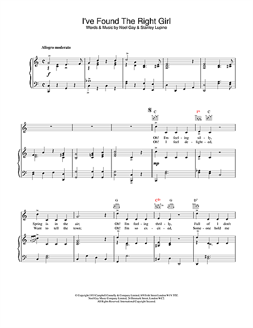 Preview Noel Gay I've Found The Right Girl Classics sheet music, notes and chords for Piano, Vocal & Guitar (Right-Hand Melody), SKU: 19271 sheet music, piano notes, chords, guitar tabs, score, transpose, transcribe, how to play, guide, download, learn, tutorial, progression, song, artist, awards, billboard, mtv, vh1, tour, single, album, release