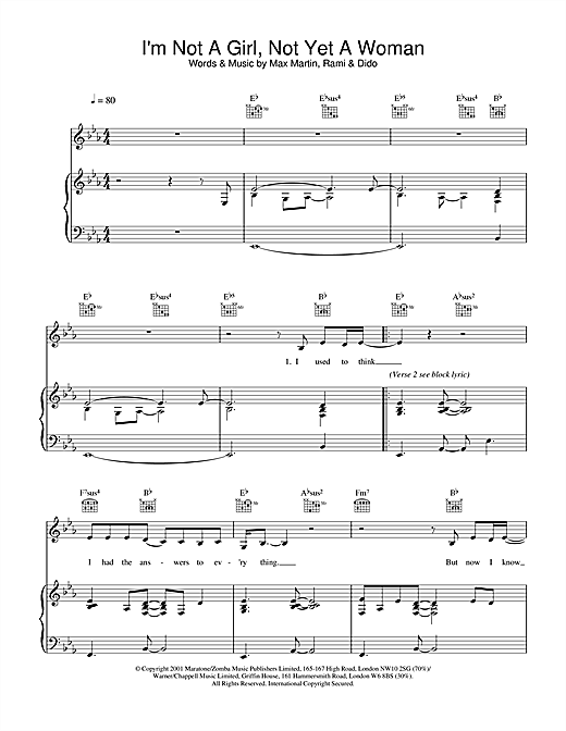Preview Britney Spears I'm Not A Girl, Not Yet A Woman Pop sheet music, notes and chords for Piano, Vocal & Guitar, SKU: 19289 sheet music, piano notes, chords, guitar tabs, score, transpose, transcribe, how to play, guide, download, learn, tutorial, progression, song, artist, awards, billboard, mtv, vh1, tour, single, album, release