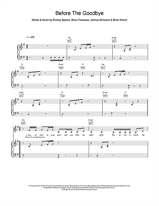 Preview Britney Spears Before The Goodbye Pop sheet music, notes and chords for Piano, Vocal & Guitar, SKU: 19297 sheet music, piano notes, chords, guitar tabs, score, transpose, transcribe, how to play, guide, download, learn, tutorial, progression, song, artist, awards, billboard, mtv, vh1, tour, single, album, release