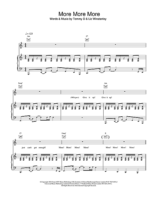 Preview Kylie Minogue More More More Pop sheet music, notes and chords for Piano, Vocal & Guitar, SKU: 19302 sheet music, piano notes, chords, guitar tabs, score, transpose, transcribe, how to play, guide, download, learn, tutorial, progression, song, artist, awards, billboard, mtv, vh1, tour, single, album, release