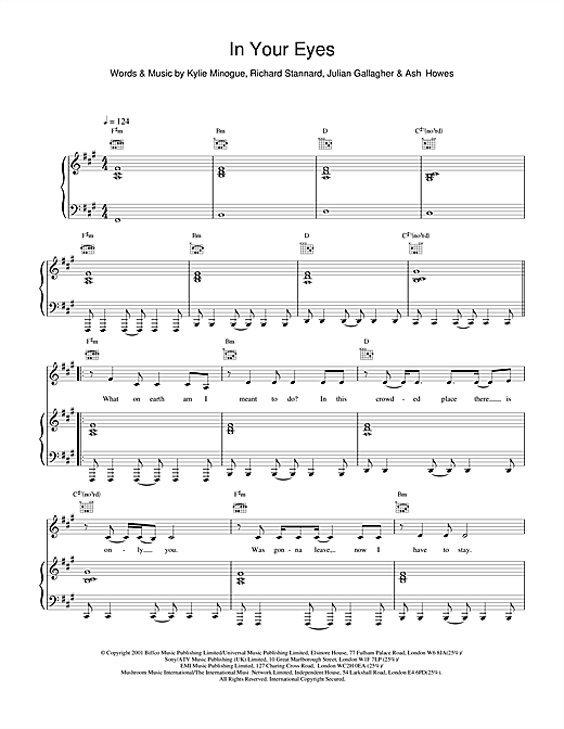 Preview Kylie Minogue In Your Eyes Pop sheet music, notes and chords for Piano, Vocal & Guitar, SKU: 19308 sheet music, piano notes, chords, guitar tabs, score, transpose, transcribe, how to play, guide, download, learn, tutorial, progression, song, artist, awards, billboard, mtv, vh1, tour, single, album, release