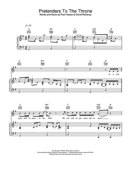Preview The Beautiful South Pretenders To The Throne Pop sheet music, notes and chords for Piano, Vocal & Guitar, SKU: 19319 sheet music, piano notes, chords, guitar tabs, score, transpose, transcribe, how to play, guide, download, learn, tutorial, progression, song, artist, awards, billboard, mtv, vh1, tour, single, album, release