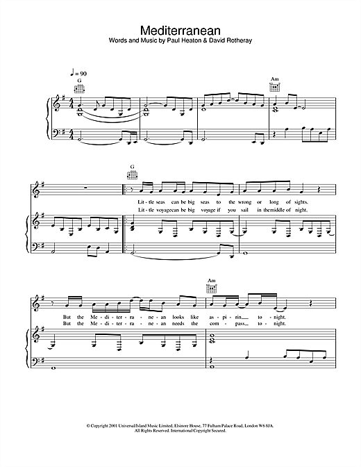 Preview The Beautiful South The Mediterranean Pop sheet music, notes and chords for Piano, Vocal & Guitar, SKU: 19320 sheet music, piano notes, chords, guitar tabs, score, transpose, transcribe, how to play, guide, download, learn, tutorial, progression, song, artist, awards, billboard, mtv, vh1, tour, single, album, release