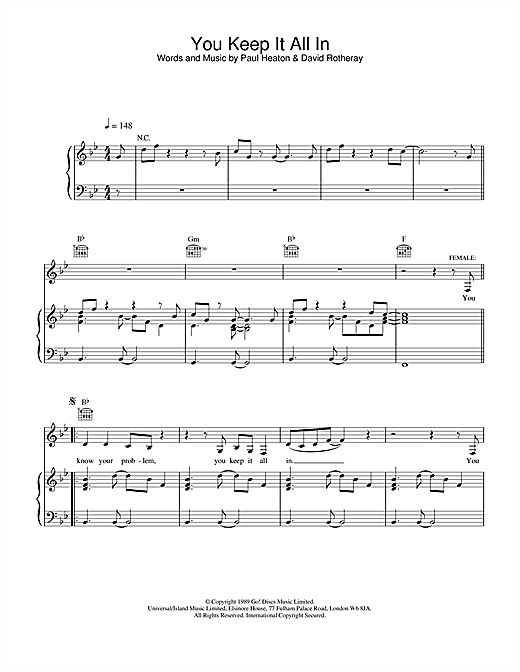 Preview The Beautiful South You Keep It All In Pop sheet music, notes and chords for Piano, Vocal & Guitar, SKU: 19321 sheet music, piano notes, chords, guitar tabs, score, transpose, transcribe, how to play, guide, download, learn, tutorial, progression, song, artist, awards, billboard, mtv, vh1, tour, single, album, release