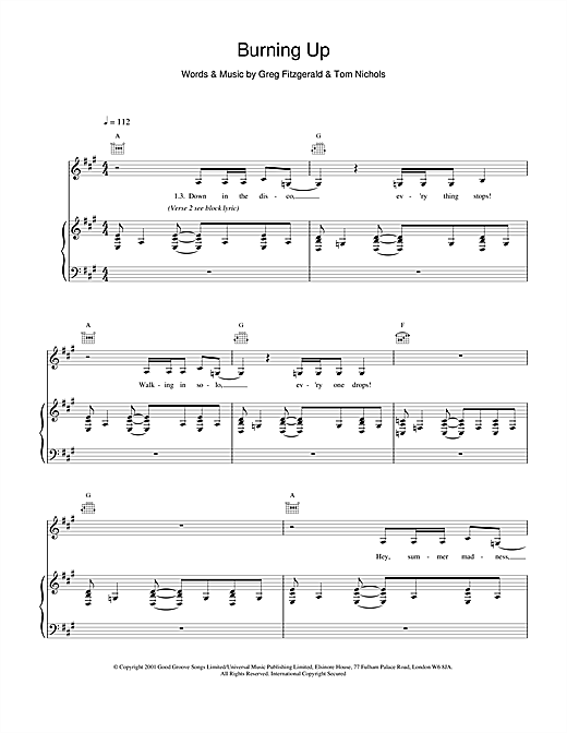 Preview Kylie Minogue Burning Up Pop sheet music, notes and chords for Piano, Vocal & Guitar, SKU: 19323 sheet music, piano notes, chords, guitar tabs, score, transpose, transcribe, how to play, guide, download, learn, tutorial, progression, song, artist, awards, billboard, mtv, vh1, tour, single, album, release