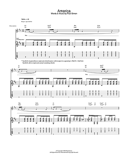 Preview Simon & Garfunkel America Rock sheet music, notes and chords for Guitar Tab, SKU: 19326 sheet music, piano notes, chords, guitar tabs, score, transpose, transcribe, how to play, guide, download, learn, tutorial, progression, song, artist, awards, billboard, mtv, vh1, tour, single, album, release
