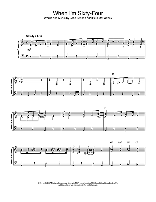 Preview The Beatles When I'm Sixty-Four Rock sheet music, notes and chords for Piano, Vocal & Guitar (Right-Hand Melody), SKU: 19330 sheet music, piano notes, chords, guitar tabs, score, transpose, transcribe, how to play, guide, download, learn, tutorial, progression, song, artist, awards, billboard, mtv, vh1, tour, single, album, release