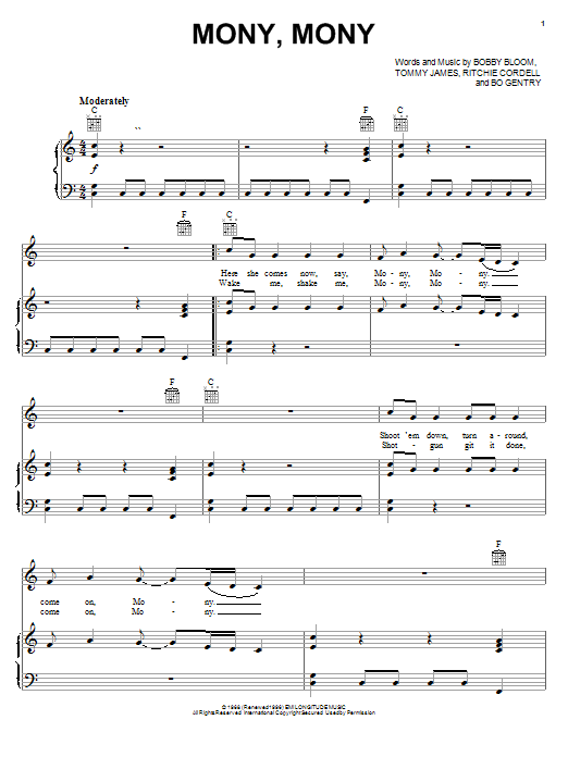 Preview Tommy James & The Shondells Mony, Mony Pop sheet music, notes and chords for Piano, Vocal & Guitar (Right-Hand Melody), SKU: 19361 sheet music, piano notes, chords, guitar tabs, score, transpose, transcribe, how to play, guide, download, learn, tutorial, progression, song, artist, awards, billboard, mtv, vh1, tour, single, album, release