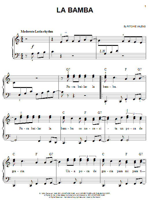 Preview Los Lobos La Bamba Pop sheet music, notes and chords for Easy Piano, SKU: 19362 sheet music, piano notes, chords, guitar tabs, score, transpose, transcribe, how to play, guide, download, learn, tutorial, progression, song, artist, awards, billboard, mtv, vh1, tour, single, album, release