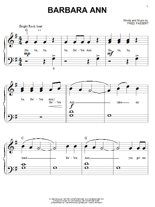 Preview The Beach Boys Barbara Ann Rock sheet music, notes and chords for Piano (Big Notes), SKU: 19365 sheet music, piano notes, chords, guitar tabs, score, transpose, transcribe, how to play, guide, download, learn, tutorial, progression, song, artist, awards, billboard, mtv, vh1, tour, single, album, release