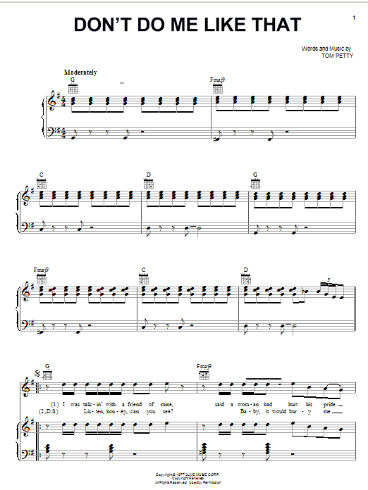 Preview Tom Petty And The Heartbreakers Don't Do Me Like That Rock sheet music, notes and chords for Piano, Vocal & Guitar (Right-Hand Melody), SKU: 19393 sheet music, piano notes, chords, guitar tabs, score, transpose, transcribe, how to play, guide, download, learn, tutorial, progression, song, artist, awards, billboard, mtv, vh1, tour, single, album, release