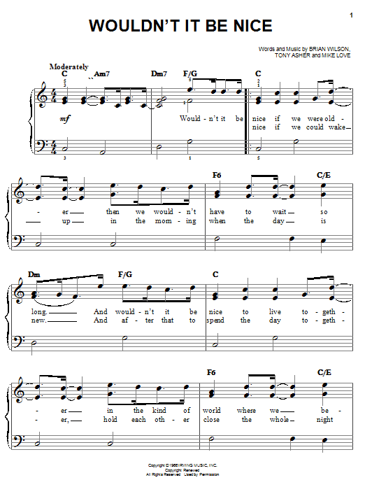 Preview The Beach Boys Wouldn't It Be Nice Rock sheet music, notes and chords for Easy Piano, SKU: 19396 sheet music, piano notes, chords, guitar tabs, score, transpose, transcribe, how to play, guide, download, learn, tutorial, progression, song, artist, awards, billboard, mtv, vh1, tour, single, album, release