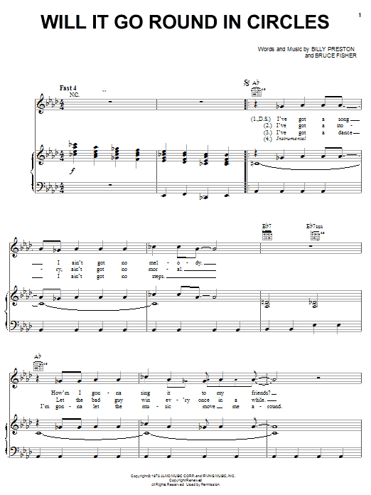 Preview Billy Preston Will It Go Round In Circles Pop sheet music, notes and chords for Piano, Vocal & Guitar (Right-Hand Melody), SKU: 19399 sheet music, piano notes, chords, guitar tabs, score, transpose, transcribe, how to play, guide, download, learn, tutorial, progression, song, artist, awards, billboard, mtv, vh1, tour, single, album, release