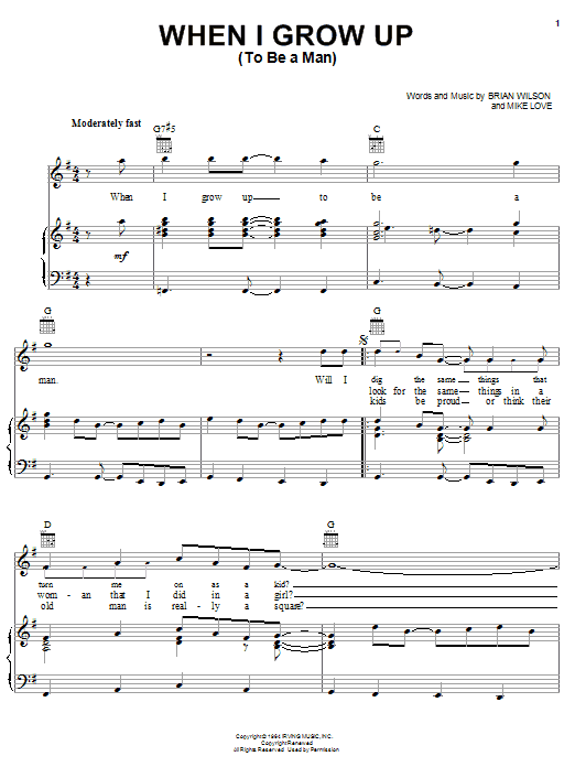Preview The Beach Boys When I Grow Up (To Be A Man) Rock sheet music, notes and chords for Piano, Vocal & Guitar (Right-Hand Melody), SKU: 19401 sheet music, piano notes, chords, guitar tabs, score, transpose, transcribe, how to play, guide, download, learn, tutorial, progression, song, artist, awards, billboard, mtv, vh1, tour, single, album, release