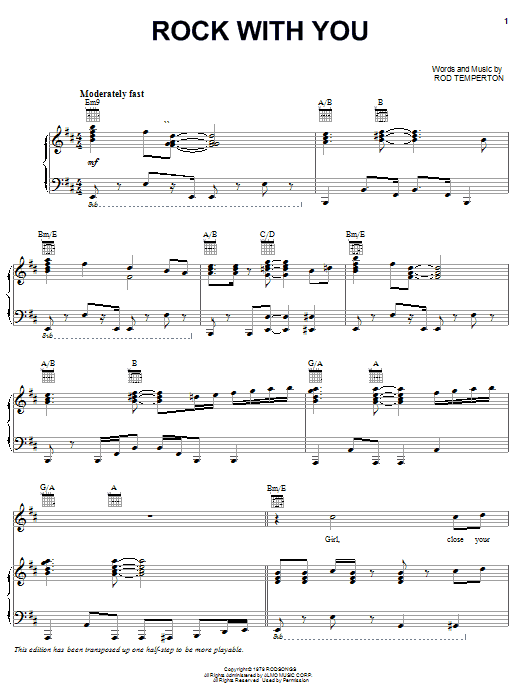Preview Michael Jackson Rock With You Rock sheet music, notes and chords for Piano, Vocal & Guitar (Right-Hand Melody), SKU: 19414 sheet music, piano notes, chords, guitar tabs, score, transpose, transcribe, how to play, guide, download, learn, tutorial, progression, song, artist, awards, billboard, mtv, vh1, tour, single, album, release